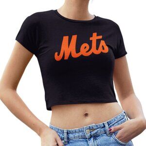NEW York Mets Script Spellout Team Color Pop Form Fit Crop Top Shirt BLACK